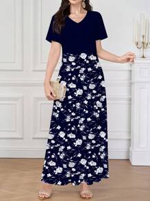 Seusyu Granatowa elegancka letnia dzianinowa sukienka z krótkim rękawem i dekoltem w serek, może być noszona jako odzież wierzchnia lub jako podkoszulek/sukienka do pracy, vintage delikatny wzór z drobnymi kwiatami, piękna i elegancka, odpowiednia na randki, wakacje, codzienne, codzienne, imprezy, festiwale, sukienki, letnia długa sukienka damska, zwiewna sukienka, sukienka w kwiaty, sukienka vintage/sukienka maxi w kwiaty, niebiesko-biała sukienka maxi w kwiaty, granatowa sukienka maxi, długa sukienka w kwiaty, niebieska sukienka maxi w kwiaty, damska sukienka maxi - Granatowy - Zobacz 5