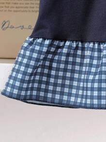 Girls Casual Chic Navy 2 In 1 Plaid Patchwork Short Sleeve T-Shirt With Tie, Slim Fit, Summer Girls Shirts Teen Girl Shirts Casual Shirts For Girls Gingham Ruffle Shirt Babydoll Tops For Girls - Black - View 4