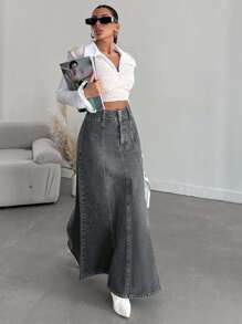 EURMUSE Casual Washed High Waist Long Denim Skirt - Light Grey - View 3