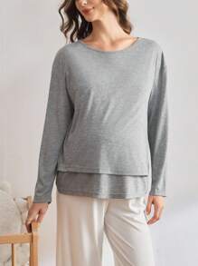 BloomMama Maglietta premaman tinta unita a maniche lunghe e collo rotondo - Grigio - Visualizzare 3