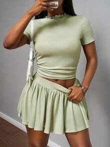 Slaydiva Damski, swobodny, jednokolorowy, marszczony T-shirt i mini spódniczka, 2 częściowy komplet, lato - Zielony - Zobacz 7
