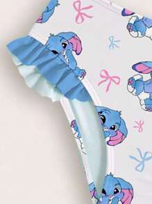 SHEIN GraphicGems Young Girl Summer Beach Vacation Style Cute Cartoon Rabbit & Bow Print Contrast Frill Trim Bikini Set Set Animal Print Dress Halloween Costumes School Clothes School Clothes Back To School Clothes Puppy Keep Puppy Graphic Tees