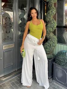 NegzBox Pantalones de pierna ancha de color verde geométrico de longitud completa para mujer, para vacaciones y estilo casual - Blanco - Ver 1