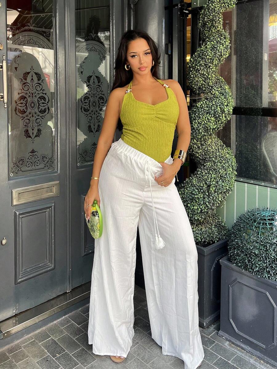 NegzBox Pantalones de pierna ancha de color verde geométrico de longitud completa para mujer, para vacaciones y estilo casual - Blanco - Ver 1