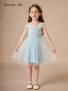 Glamorique Kids Young Girl Lace Embroidered Mesh Dress, Suitable For Party, Dinner, Displaying Luxury, Elegant And Look Light Blue Flower Girl Dress Little Girl Light Blue Dress Lace Flower Girl Dress Baby Blue Dress Lace Dress