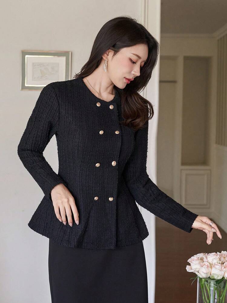 Solid Color Fitted Long Sleeve Waist Cinched Double-Breasted Flared Cuff Metal Decor Elegant Vintage Women Shirt, Autumn/Winter