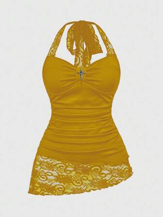 Plus Size Women Lace Patchwork Asymmetrical Hem Lace Trim Halter Neck Tie Waist Tank Top