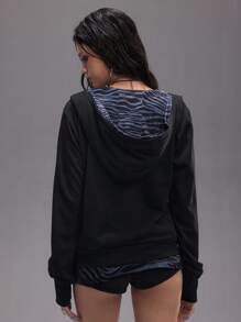 ROMWE EDITION Distressed Layered Colorblock Hoodie Sweatshirt For Women - Brown - View 3