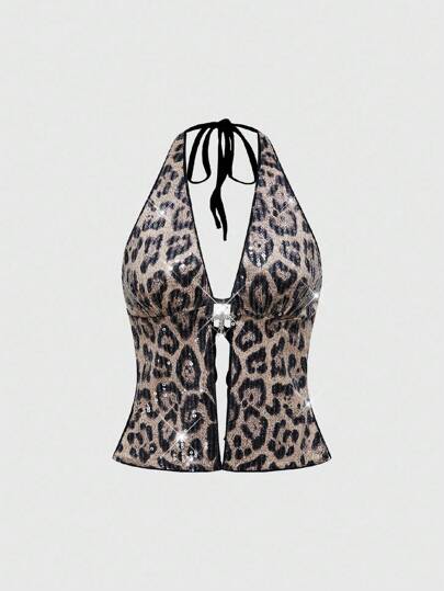 Grunge Punk Top débardeur femme sexy à pendentif croix pailleté léopard, style punk rock chic pour fête de plage d'été, événement musical de festival, style de rue Y2K