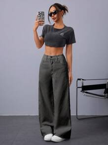 Jeanoix 高腰闊腿牛仔褲 - 灰色 - 查看 7