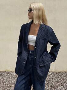 DAZY 女式条纹宽松休闲牛仔夹克 - 灰色 - 查看 7