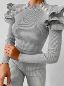 Ruffle Trim Ribbed Knit Sweater & Knit Pants - Light Grey - View 2
