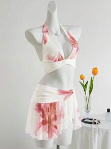 Conjunto de top corto halter con estampado floral y minifalda de cintura baja con estampado floral para mujer, estilo Y2K para salir de vacaciones, conjunto de ropa para Hawái o Ibiza - Multicolor 2 - Ver 6