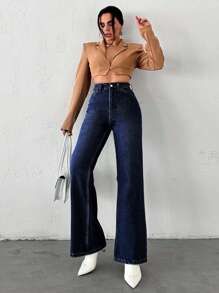 EURMUSE 高腰直筒牛仔褲 - 藏蓝色 - 查看 3