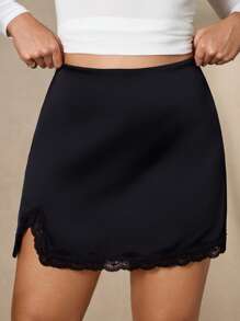 Chikora Plus Size Summer Elegant Contrast Lace Slit Black Skirt, Back To School Country Concert Business Casual Woman Work Wear Teacher