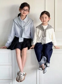 SHEIN Genkimix Kids Niña preadolescente con chal gris a juego con blusa a rayas bordada de manga larga, otoño/invierno - Gris - Ver 1