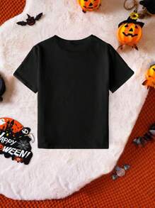 SHEIN Boys Halloween T-Shirt In Black With Boo Yeah Print And Short Sleeves Kids Halloween Shirts Boys Halloween Shirt Boo Yeah Shirt Ghost Skateboard Shirt Custom Halloween Shirt Kids - Black - View 2