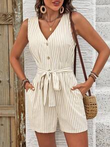 SHEIN PETITE Summer Vacation Casual Striped Sleeveless Front Button Romper - White - View 6