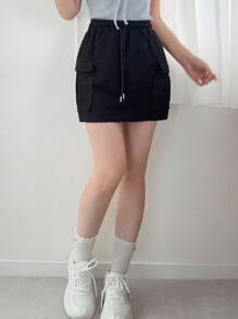 FRIFUL 女士灰色修身实用迷你裙（带口袋）和夏季毛衣短裤 - 黑色 - 查看 2