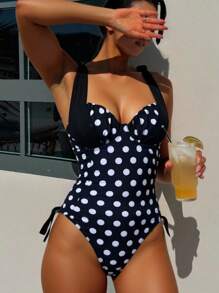SHEIN ChicEase 1 pezzo Costume da bagno intero donna con volant a pois, adatto per vacanze - Bianco e nero - Visualizzare 4