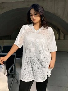 SHEIN EZwear 大尺碼女款蕾絲數字休閒透視上衣 - 白色 - 查看 6