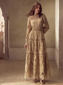 MOTF PREMIUM 优雅仿珍珠链条装饰蕾丝覆层复古长裙 - 卡其色 - 查看 4