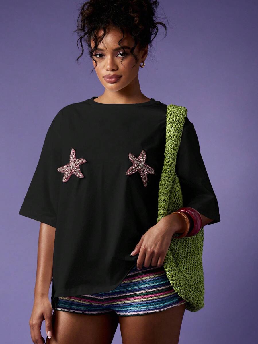 MISSGUIDED 超大号海星T恤，带闪光装饰，夏季海滩度假休闲周末舒适穿着 - 黑色 - 查看 1
