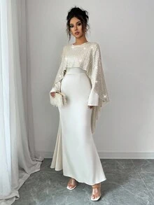 Elenzga 女士优雅秋季亮片可拆卸披肩腰合身美人鱼下摆长袖纯色连衣裙 - 杏色 - 查看 4
