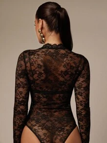 Silquee Sexig, transparent bodysuit med blommig spets och ståkrage för kvinnor, långärmad - Svart - Visa 3