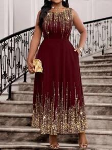 SHEIN Lady 2025 New Spring And Summer Burgundy Formal Dress For Women Legant Party Wedding Cocktail Part Concert/Music Festival Concert/Music Festival Knitted Round Neck Scoop Neck Flared Long Sleeveless Plus Size Dresses Burgundy Dress Wedding Guest Dress For Women Party Dress Elegant Party Dress Halloween Costumes - Burgundy - View 4