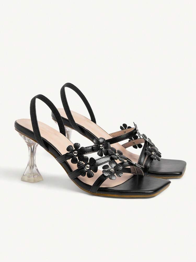 CUCCOO CHICEST Women's Floral Strappy Transparent Block Heel Sandals, Elegant, Romantic, Sexy, Fashion Black Faux Leather High Heel Shoes For Cocktail Party, Date, Fashion Party, Elegant Outfit, Holiday, Beach, Halloween