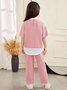 SHEIN Young Girl Casual Elegant Commuter Loose Shirt Collar Oversized Drop Shoulder Short Sleeve Woven Textured Color Block Shirt Top And Straight Leg Pants Set Pajama Sets Loungewear Two Pieces Outfit Girls Pink Outfit Young Girl Clothes - Pink - View 2