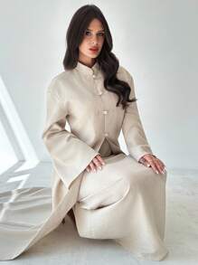 Firerie 女士优雅复古纯色高开叉加长上衣和裤子两件套 - 卡其色 - 查看 2