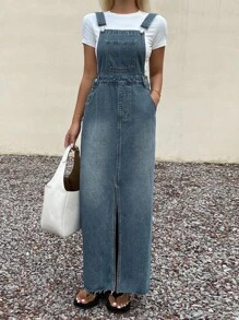 Livesso 女士休闲长款牛仔连衣裙，夏季长款连衣裙 - 藍色 - 查看 1