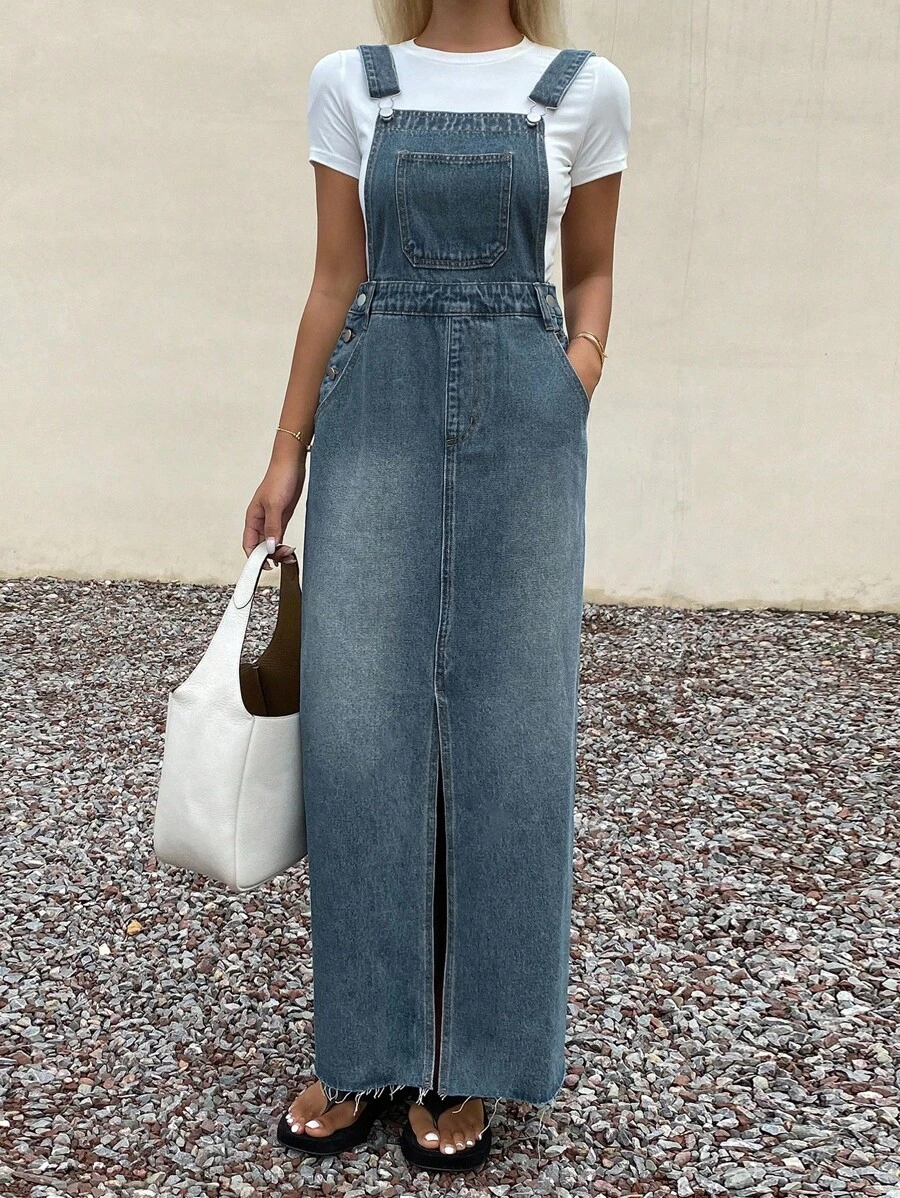 Livesso 女士休闲长款牛仔连衣裙，夏季长款连衣裙 - 藍色 - 查看 1