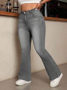 SHEIN Cottnline Plus Size Casual Traditional Washed Slim Fit Flare Leg Jeans Formal Going Out Grey Summer - Grey - View 5