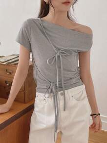 DAZY Women's Simple Solid Color Front Tie Oblique Shoulder T-Shirt, Summer - Grey - View 1