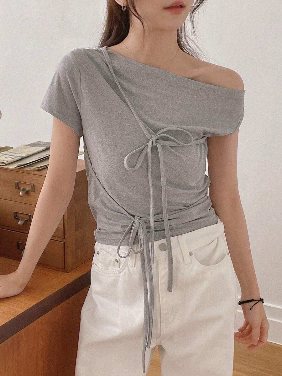 DAZY Women's Simple Solid Color Front Tie Oblique Shoulder T-Shirt, Summer - Grey - View 1