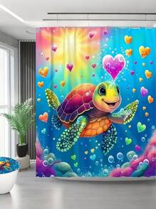 SHEIN 1Pc Vibrant Cartoon Heart Turtle Shower Curtain - Waterproof Bathroom Essentials , And Home Decor - Complete Bathroom Accessories For A Fun And Functional Space Home Bathroom Decor Summer