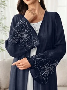 SHEIN Najma Spring/Summer Lightweight Open Front Abaya Jacket With Embroidered Floral Trim On Cuffs And Placket - Navy Blue - View 8
