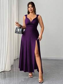 Elenzga Women's Plus Size Solid Color Twist Knot V-Neck High Slit High Stretch Knit Party Cocktail Versatile Stylish Design 2025 New Dress - Purple - View 6