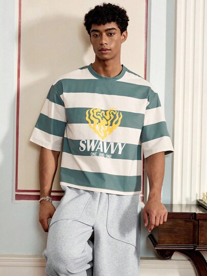 SWAVVY Men's Summer Letter & Striped Round Neck Short Sleeve Casual T-Shirt
