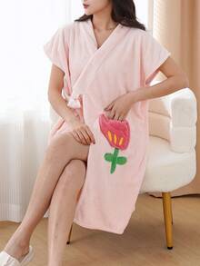 SHEIN 1pc Women's Black Bathrobe, One Size Fits All, Solid Color Plush Coral Fleece, Soft, Absorbent, Quick-Drying Super Microfiber, Suitable For Home, Bathroom, Pool Summer Wedding Home Bathroom Decor Back To School