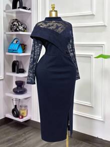 Modelyn 大码女式立领撞色蕾丝长袖开衩下摆优雅连衣裙 - 藏蓝色 - 查看 10