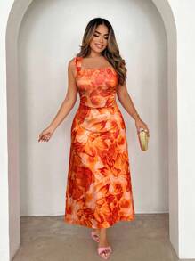 Xyvia Women's Random Floral Print Sleeveless Midi Dress - Orange - View 1