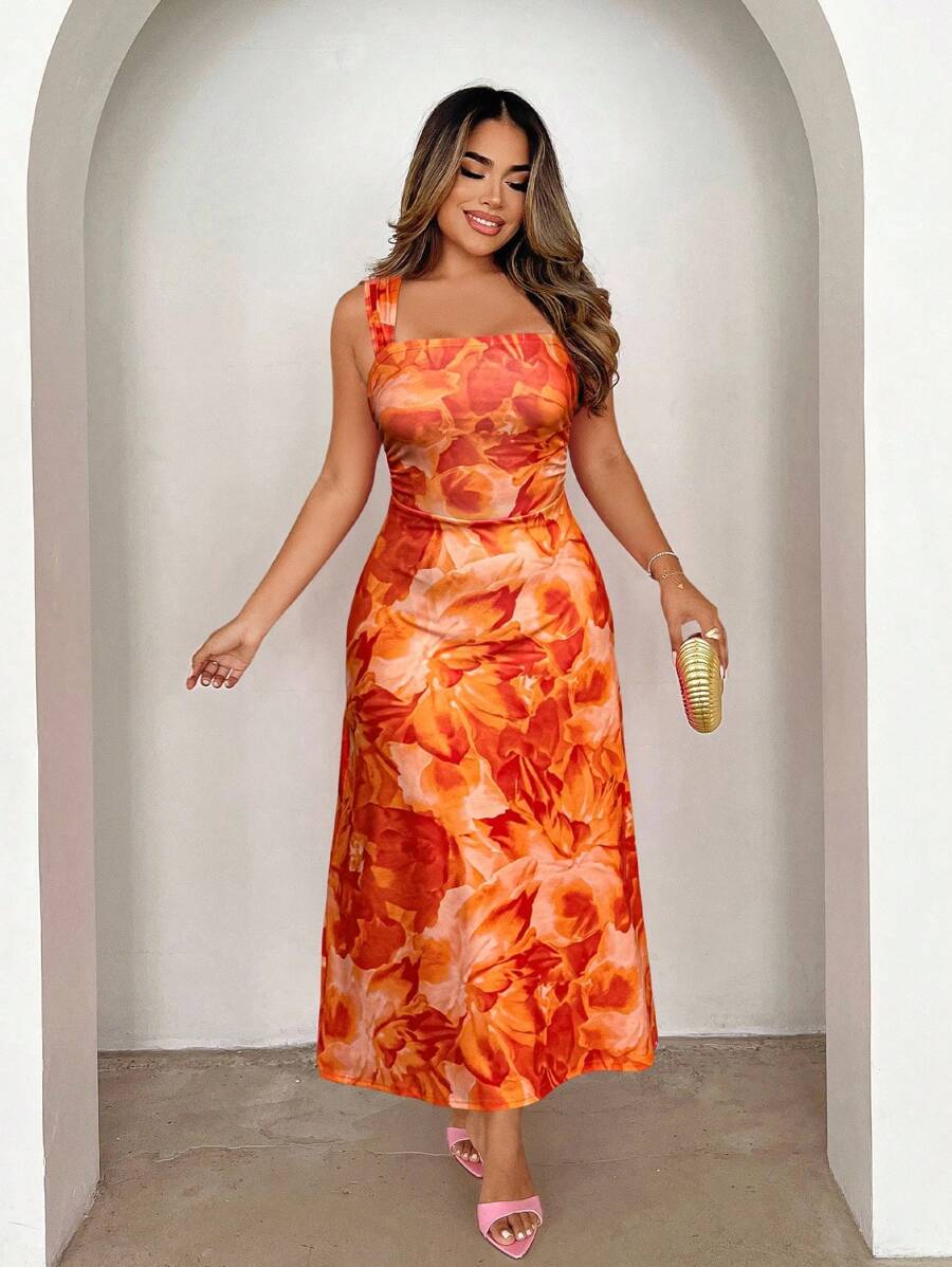 Xyvia Women's Random Floral Print Sleeveless Midi Dress - Orange - View 1