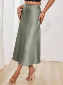 SHEIN PETITE Women's Elegant Versatile Satin Skirt Olive Green Skirt Sage Green Skirt Women's Elegant Versatile Satin Skirt Midi Skirt Elegant Skirt Fall Cloth For Women - Green - View 5