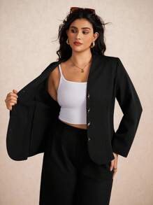 Elaquor Chaqueta de blazer elegante y minimalista para mujer de talla grande, versátil para la oficina y el transporte en otoño/invierno - Negro - Ver 7