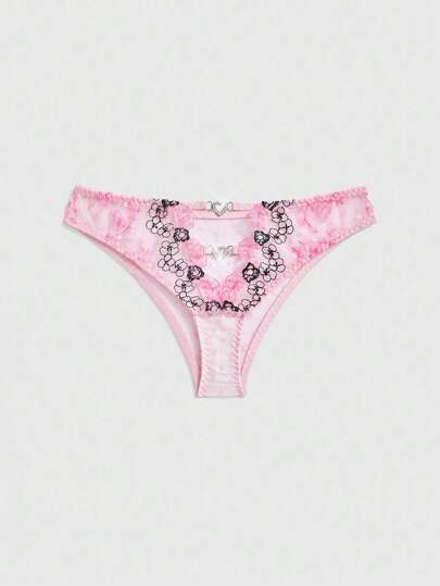 Kawaii Délicates culottes pour femmes en maille métallique brillante avec broderie florale et en forme de cœur