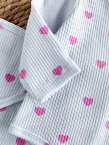 4pcs Newborn Soft Comfortable Blue Textured Fabric Cute Heart Print Long Sleeve Romper, Pants, Headband & Swaddle Blanket Set, Baby Clothing